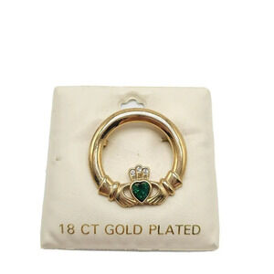 Solvar 18kt Gold Plated Green Clear Rhinestone Claddagh Brooch NOS